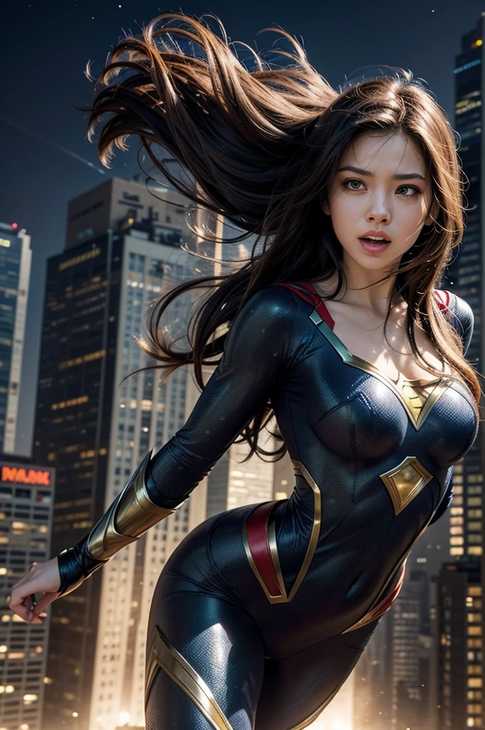 A beautiful young woman, 20 years old, striking a superhero pose like Gal Gadot, full body shot facing the camera, intricate detailed face, high quality, cinematic lighting, dramatic shadows, vibrant colors, heroic, powerful, photorealistic