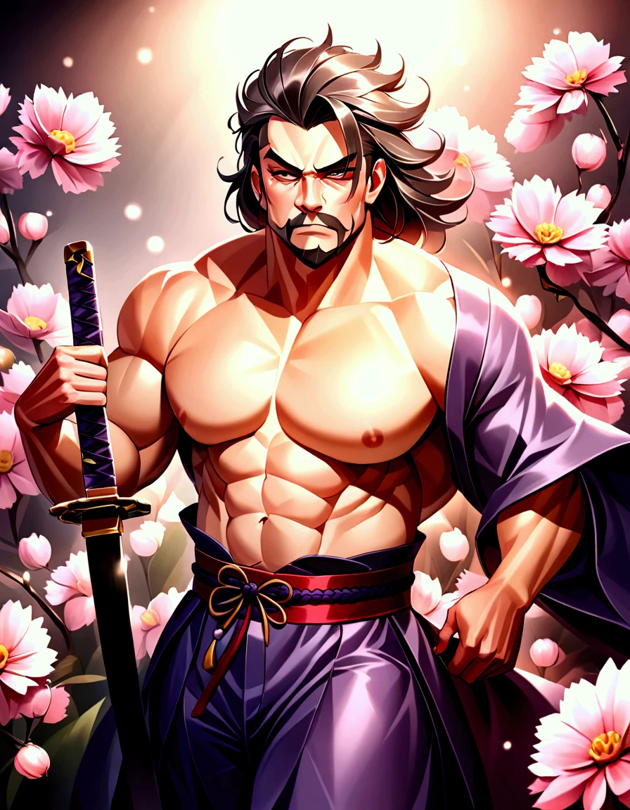 a extremely handsome and masculine, extremely huge & stocky muscular middle-age asian (japanese) shogun, wide forehead, square jaw, alpha male, thick eye brow, grey hair in chonmage style, short grey moustache, short grey stuble, shirtless (exposed chest), expensive and transparent silky traditional japanese trouser, holding katana. Blurry sakura flowers bloom in the background, bokeh, chiaroscuro, award-winning, hyper-detailed, ultra-sharp, hyper-realistic, ultra-wide lense, uchiyo-e