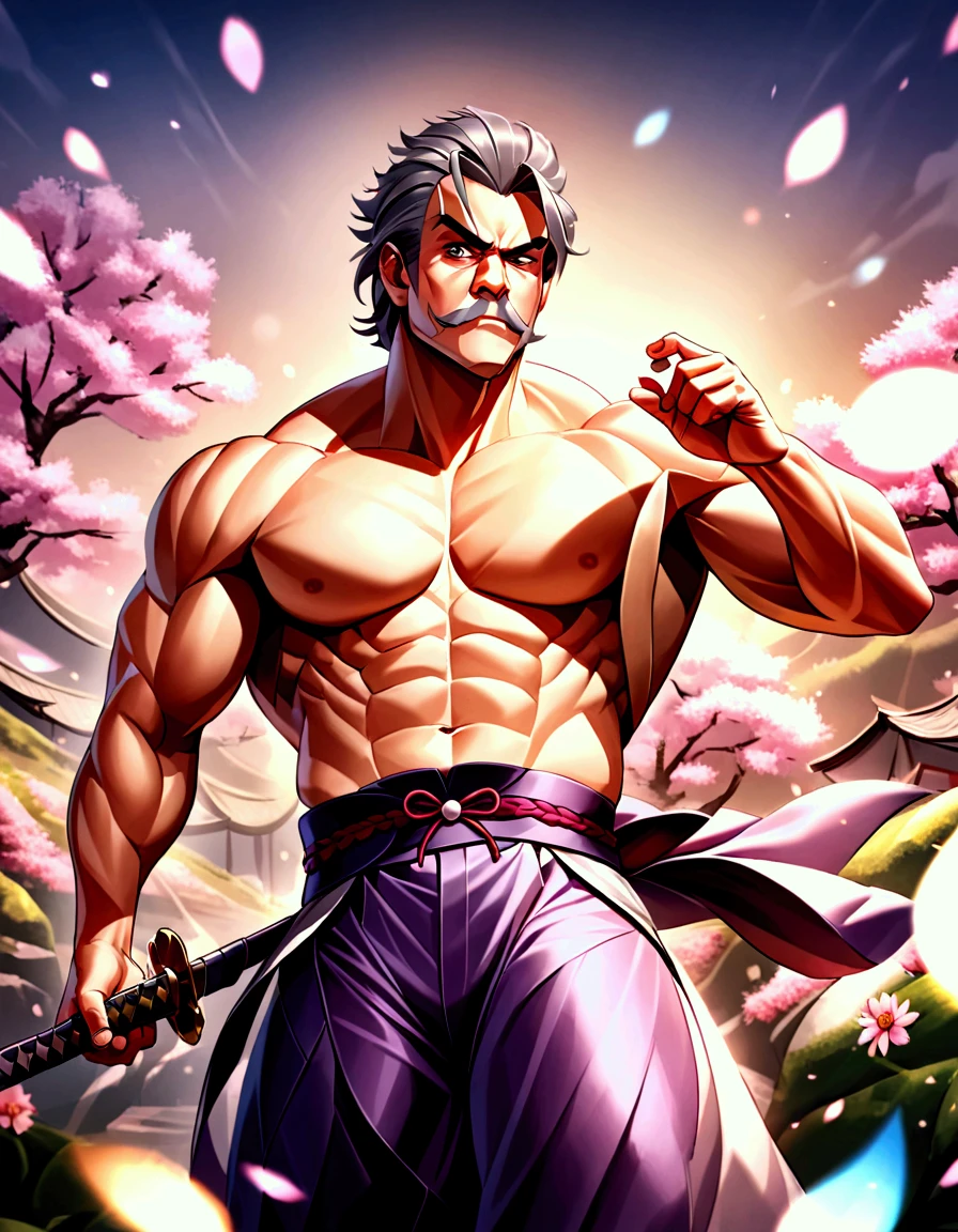 a extremely handsome and masculine, extremely huge & stocky muscular middle-age asian (japanese) shogun, wide forehead, square jaw, alpha male, thick eye brow, grey hair in chonmage style, short grey moustache, short grey stuble, shirtless (exposed chest), expensive and transparent silky traditional japanese trouser, holding katana. Blurry sakura flowers bloom in the background, bokeh, chiaroscuro, award-winning, hyper-detailed, ultra-sharp, hyper-realistic, ultra-wide lense, uchiyo-e