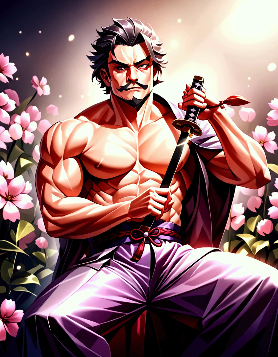 a extremely handsome and masculine, extremely huge & stocky muscular middle-age asian (japanese) shogun, wide forehead, square jaw, alpha male, thick eye brow, grey hair in chonmage style, short grey moustache, short grey stuble, shirtless (exposed chest), expensive and transparent silky traditional japanese trouser, holding katana. Blurry sakura flowers bloom in the background, bokeh, chiaroscuro, award-winning, hyper-detailed, ultra-sharp, hyper-realistic, ultra-wide lense, uchiyo-e