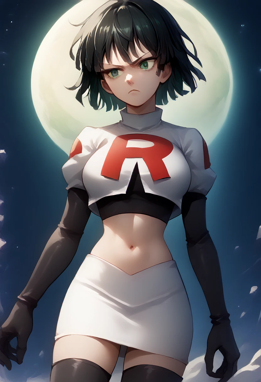 score_9, score_8_up, score_7_up, source_anime, BREAK 1girl, EPopmFubuki, black hair, short hair, green eyes,
  large breasts, jewelry, team rocket,team rocket uniform,white skirt,red letter R,crop top,black thigh-highs,black elbow gloves