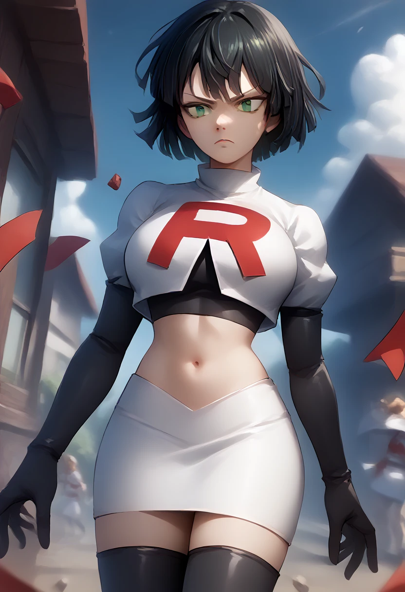 score_9, score_8_up, score_7_up, source_anime, BREAK 1girl, EPopmFubuki, black hair, short hair, green eyes,
  large breasts, jewelry, team rocket,team rocket uniform,white skirt,red letter R,crop top,black thigh-highs,black elbow gloves