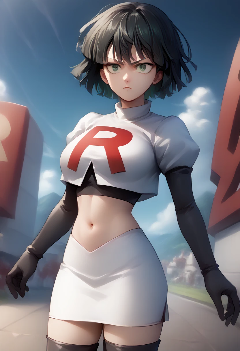 score_9, score_8_up, score_7_up, source_anime, BREAK 1girl, EPopmFubuki, black hair, short hair, green eyes,
  large breasts, jewelry, team rocket,team rocket uniform,white skirt,red letter R,crop top,black thigh-highs,black elbow gloves