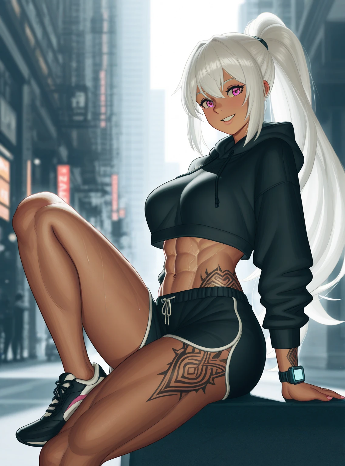 A highly detailed and clean anime-style illustration of a muscular female character in an outdoor urban setting, inspired by the pose and aesthetic of the referenced images. She has long, curly white hair styled in a high ponytail with loose strands, adorned with dark accessories that emphasize her confident and striking appearance. Her pink eyes are intense, gazing directly at the camera with a determined yet approachable expression with a smile. The character is an adult woman with a strong and muscular build. Her arms are large and defined, showcasing prominent biceps and triceps, while her shoulders are broad and sculpted with pronounced deltoids. Her abdomen features chiseled, symmetrical abs, and her thighs are thick and muscular, highlighting her exceptional strength. Her physique is athletic yet elegant, with every muscle group carefully detailed to reflect her dedication and power. She wears an oversized cropped hoodie that reveal her toned upper body, including her abs and a tattoo on her arm, adding depth to her personality. Her lower body is dressed in oversized short that accentuates her butt with sport shoes. A smartwatch on her wrist completes her modern look. The pose mirrors the references, showcasing her strength and confidence. The lighting in the scene uses warm, ambient tones that create highlights and shadows, emphasizing her musculature and enhancing the realism of the setting. The background is an urban street, with blurred figures and objects adding depth to the composition without distracting from the main character. The illustration focuses on anatomical precision, dynamic posing, and aesthetic lighting, ensuring the character’s physique and personality stand out. The art style is inspired by Guweiz and Girls' Frontline, delivering an 8k-quality digital artwork that captures the essence of a muscular anime heroine. She is sitting admiring the city. she is in the street city at sunset