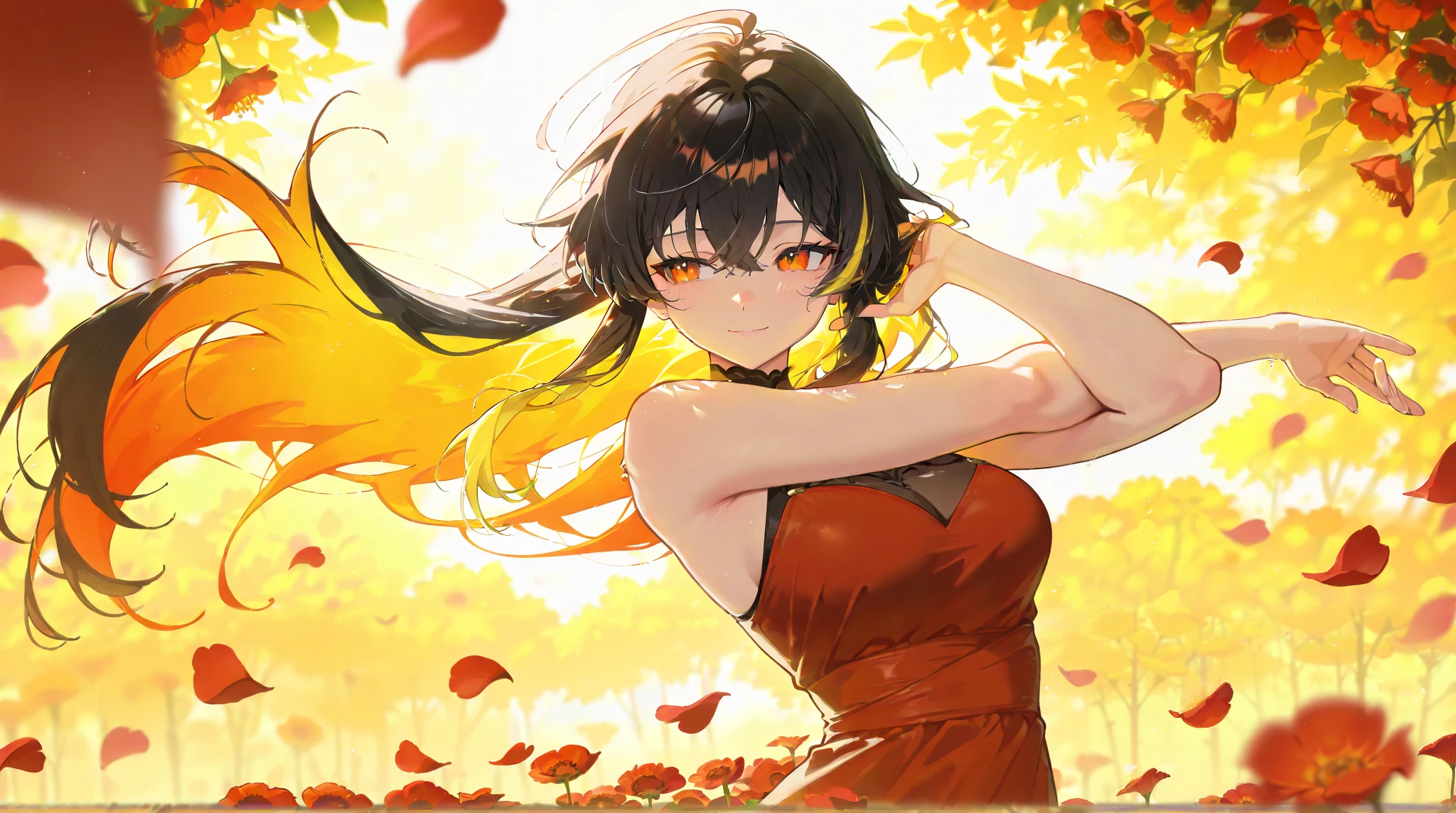 HDR, 8K, masterpiece, best quality, highres, year 2024, newest, absurdres, ultra detailed, toke, 1girl, solo, light smile, black hair, streaked yellow hair, long hair, orange eyes, red dress, standing in a vibrant field of poppies, her dress made entirely of delicate red poppy petals, blending seamlessly with the flowers around her, golden sunlight from the setting sun casting a warm glow, soft shadows stretching across the field, her hair gently tousled by a breeze, the horizon ablaze with orange and pink hues, an ethereal and tranquil atmosphere,