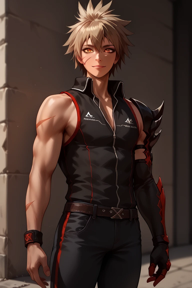 (( masterpiece,  high quality, ultra  high quality)), 1 teenager ( dark skin ,  scar on the face,  amber eyes ),  bristled hair color (brown:1.4, white:1.3)demonic arm (left:1.4), black battle clothing ( sleeveless shirt,  black pants with multiple belts ), in an aggressive posture , Smiling wildly towards the camera,  full body view , dynamic posture,  cinematic effect ,  Anime style, (( detailed face : 1.3)),  high resolution. 