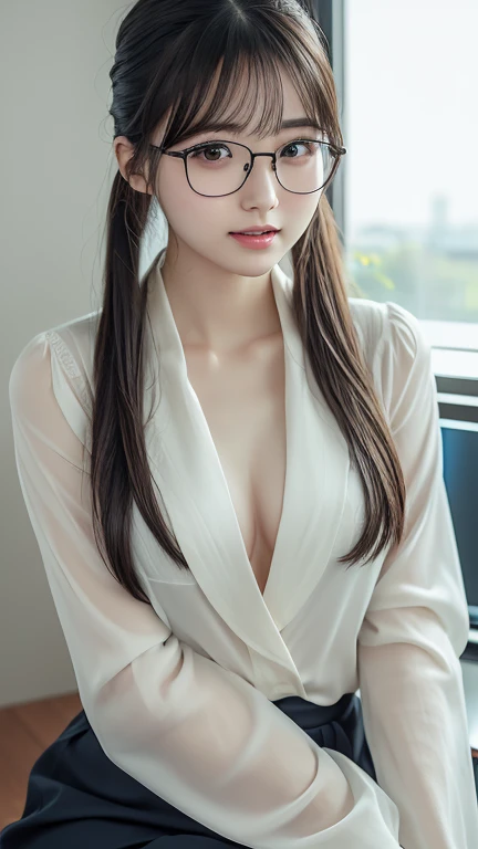 a cute woman, 8K, beautiful detailed eyes, upper body, beautiful detailed lips, extremely detailed eyes and face, long eyelashes, slender body, thin face, delicate features, flawless porcelain skin, glistening sweat, realistic, office lady outfit, one-person viewpoint, Fuji Film, F/1.2, masterpiece, nffsw, super detail, high quality, best quality, high resolution, glasses, mole under right eye, arms crossed