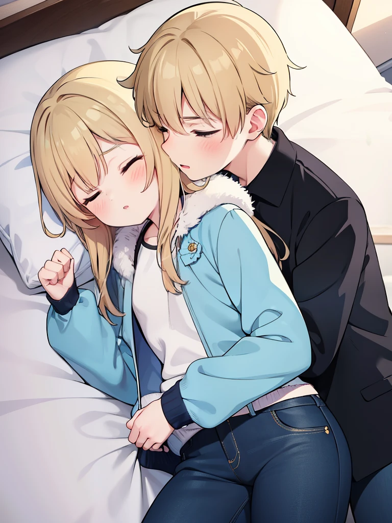 1boy, boy caressing girl's body, kissing cheek, passionate hug, boy is hugging from behind, chestgrope from behind, boy is touchig girl's body, hold chest, 1girl, long smooth blonde hair, light blue fur jacket, dark jeans, sleeping on the bed, unconscious, eyes closed, cute, absurdres, high res, ultrasharp, 8K, masterpiece, cowboy shot