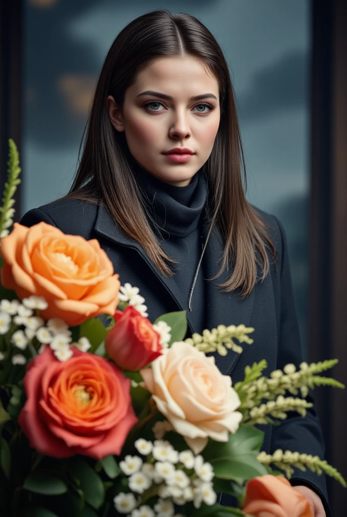 A wide overall shot ,  away from the camera , full body,  a girl

Masterpiece ,  Man wearing a long coat and scarf, detailed picture,  beautiful detailed eyes ,  beautiful lips detailed ,  Very detailed face and features  , long eyelashes,  dramatic lighting , Moody atmosphere , cinematic,  Chiaroscuro ,  A dim color palette ,  Dramatic shadows , High contrast, photoreally, 8k,  is very detailed ,  wonderful painting , ( best quality, 4K, 8k,  highres icon,  wonderful painting :1.2),  is very detailed , (really, photoreally, photo-really:1.37),  High dynamic range , ultra-high definition,  studio lighting,  High-resolution painting ,  sharp focus, Physical Submission,  Very detailed description , professional, vivid colors, Bouquet 