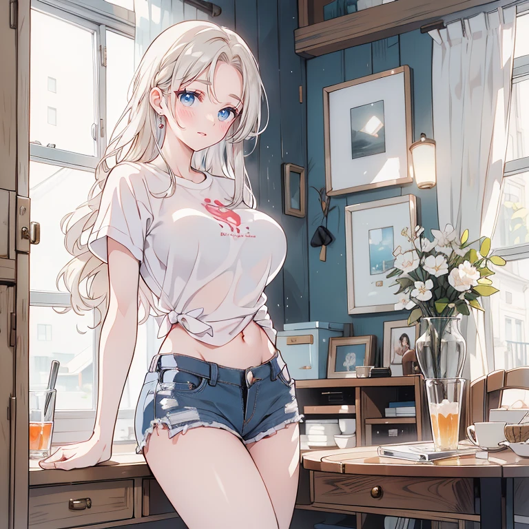 "Full-body anime character, beautifully detailed eyes and lips, long eyelashes, soft and elegant expression. A young woman with a slender, graceful figure, wearing fashionable, perfect body, big and , stylish clothing that enhances her charm. Her face is delicate, with gentle features and a serene aura. The lighting is cinematic, with soft highlights and low-variance brightness that creates a dreamy, vibrant atmosphere. The scene is framed artistically, with high-resolution details and smooth color tones that highlight the character's beauty and elegance. (Best quality, 4k, 8k, high resolution, masterpiece: 1.2), ultra-detailed, digital painting, portrait style, glamorous, soft lighting." The woman the prospect from the bottom up, long golden hair and amber eyes with raised outer corners, a satisfied light smile, wavy hair, shorts and a T -shirt, a young sensual perfect body, a shirt, a good figure, long legs.Realism, detail, reality
