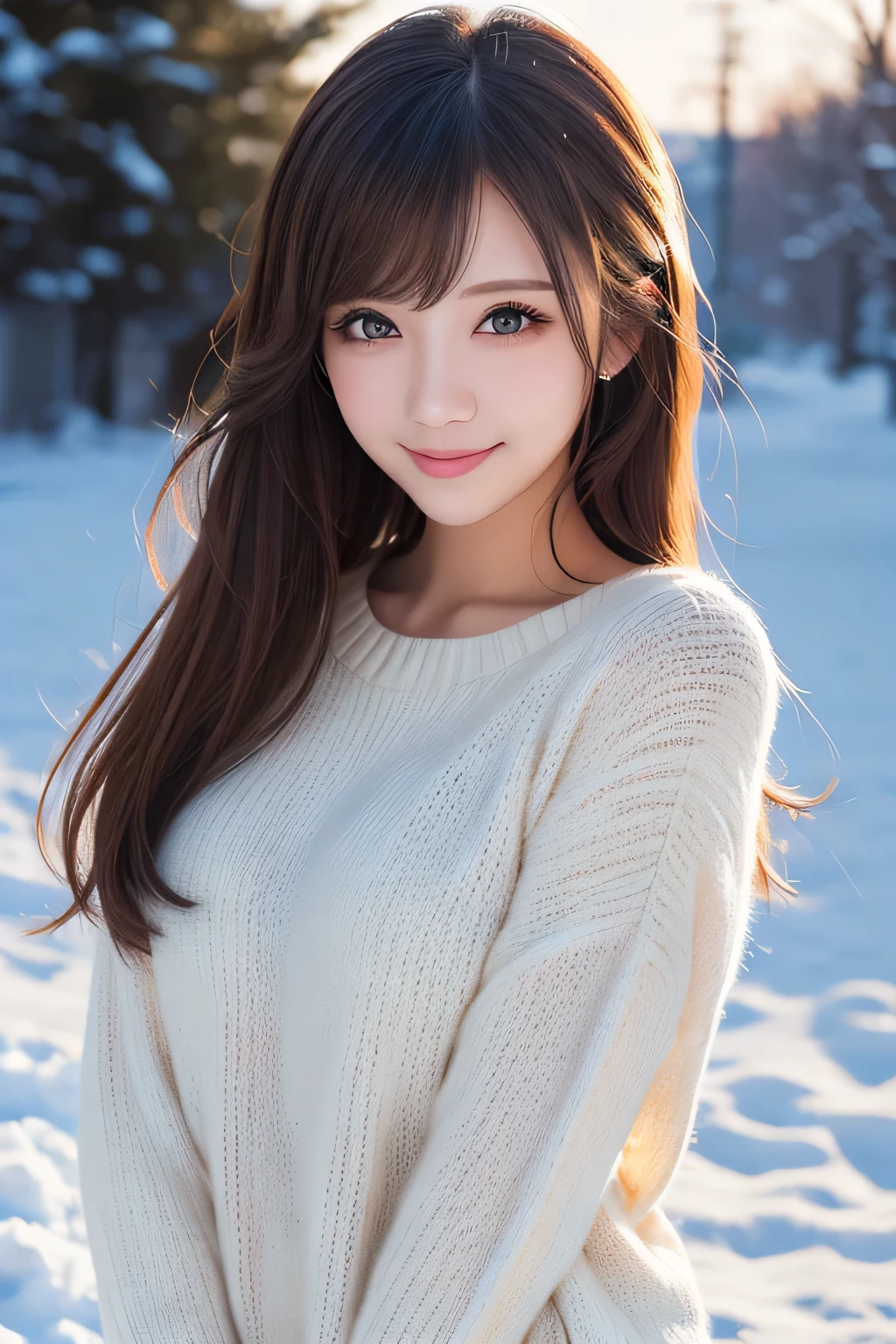 (table top、highest quality、8k、Award-winning work、ultra high resolution)、one beautiful woman、(Turtleneck long knitted sweater dress and thick fur coat:1.2)、Exactly、brown hair、(The most natural and accurate pink long scarf:1.2)、Very long wavy hair、epic movie lighting、(romantic love feeling:1.1)、(The most romantic and moody atmosphere:1.1)、winter、snow scene、snowing、Norwegian city covered in snow、look at me、(Big breasts that are about to explode:1.1)、(Most emphasize the body line:1.1)、very long hair、blurred background、accurate anatomy、ultra high definition hair、Perfect and beautiful teeth in ultra high resolution、Ultra high definition beauty face、ultra high definition hair、Super high-definition sparkling eyes、Shining, ultra high-resolution beautiful skin、ultra high resolutionの艶やかな唇、(close up of face:1.3)