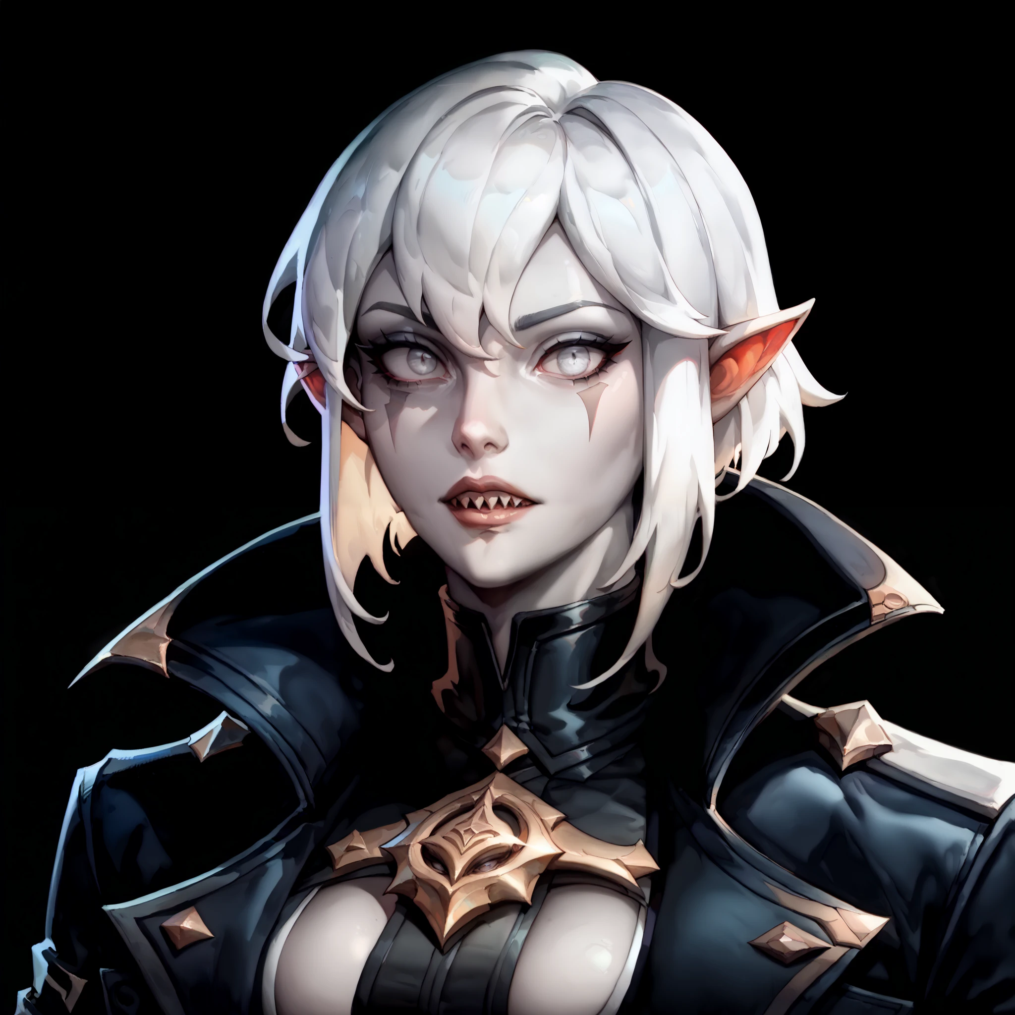 one woman, briar from league of legends, (pale skin, grey skin:1.3), pointy ears, sharp teeth, (pale eyes:1.2), white hair, straight bangs, (upper body:1.3), (black background, clear background:1.5), (black military jacket:1.2), (studio lights, deep shadows:1.3), (big chest:1.2)