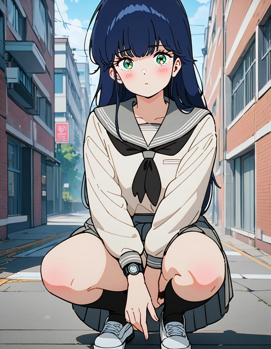 masterpiece, top quality, Good quality,up to date,
Outdoors,School,
blush,
 Watch Viewers ,
Alone,
 Madoka Ayukawa, One Girl , Blue Hair, long hair, green eyes,
chest,
Sera Clothing,grey sailor color,Black neckerchief,
 pleated skirt ,gray skirt,
socks,
shoes,
((( see here))), Accurate depiction of female genitalia, bangs, slit pussy with detailed shading, Squat, white panties, skirt lift,