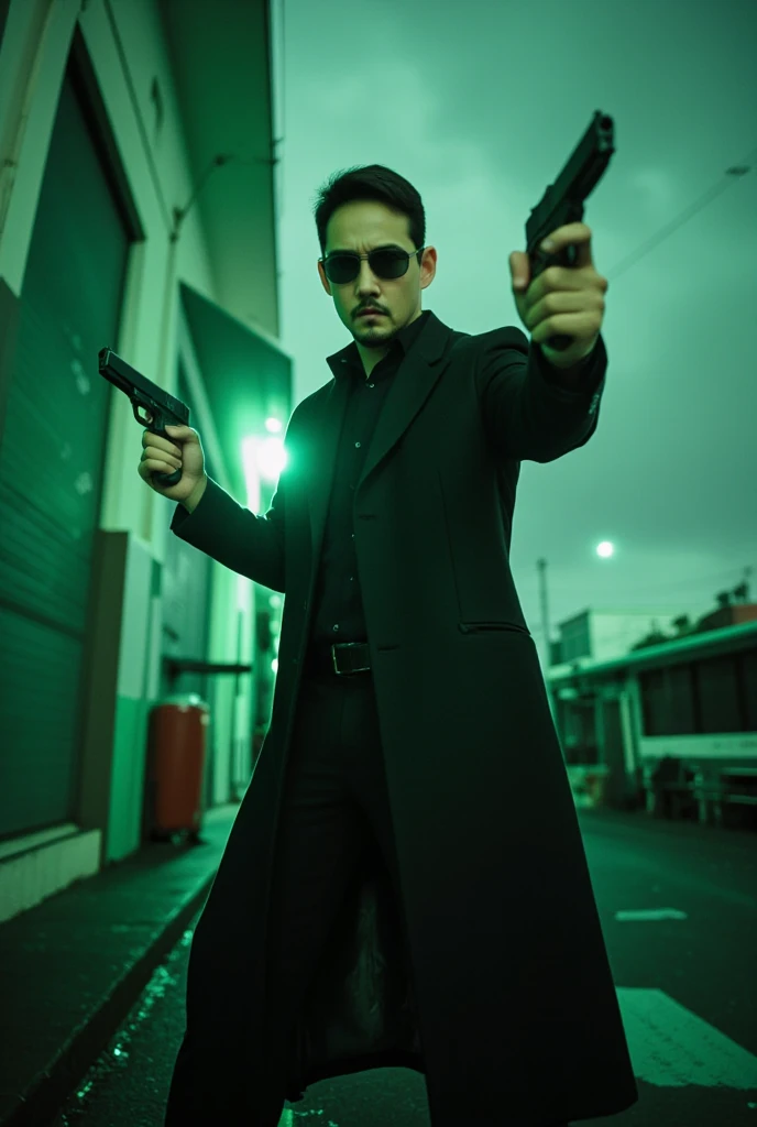 a young man, about 25 years old, in dynamic pose, wearing a The Matrix costume, overcoast, dark glasses, holding 2 pistolas, in action scene, dynamic Angle, handsome man, in a storm, looking FRONTwards, bokeh top cinematic lighting, Green filter. Hyperrealistic, detailed, intricate, 4K, skin Textures, glowing.