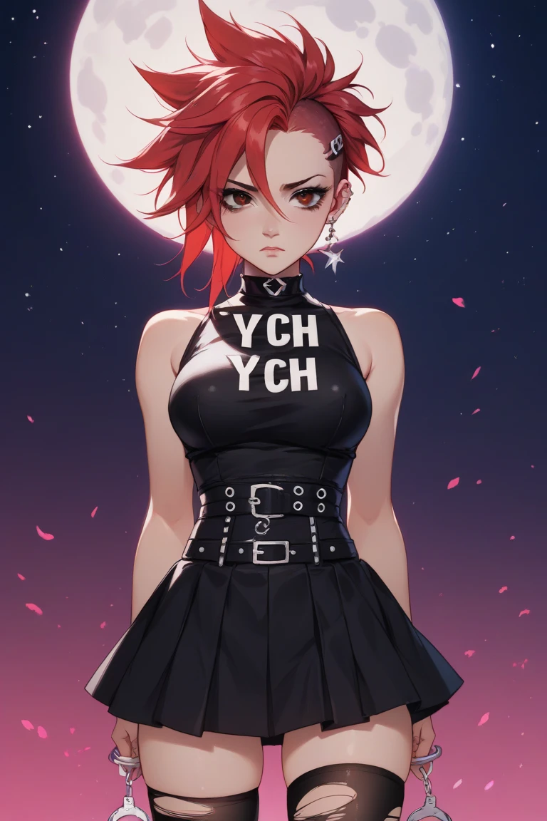  An illustration for the cover of a musical album ,  an anime version , red hair,  black eyes with Japanese features ,  your dark and sad look , Your face expressing tiredness,  dressed in a black blouse with a drawing of a moon and some stars,  your waist with some handcuffs , Black skirt,  torn socks and black boot ,  your hands behind your back .  Anime illustration , dark punk style ,  vibrant colors that are in tune and adorning together . 