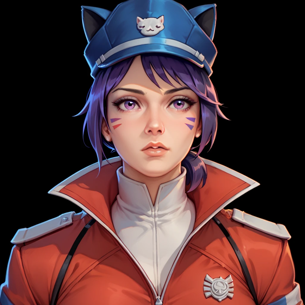 one woman, ChopioMita, (purple eyes:1.2), medium hair, sidelocks, teardrop facial mark, low ponytail, outfit_1, cat hat, cabbit hat, blue headwear, purple hair, (upper body:1.3), (black background, clear background:1.5), (red military jacket:1.2), (studio lights, deep shadows:1.3), (big chest:1.2)