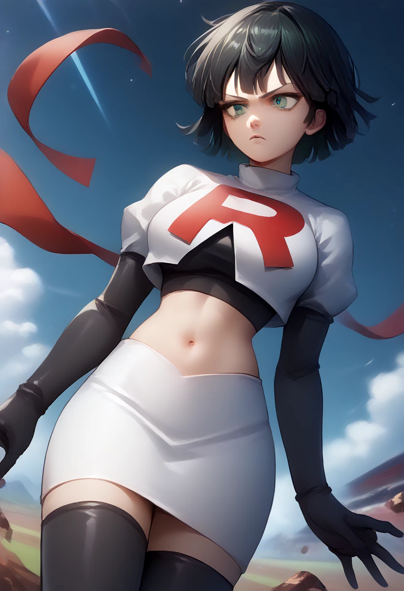 score_9, score_8_up, score_7_up, source_anime, BREAK 1girl, EPopmFubuki, black hair, short hair, green eyes,
  large breasts, jewelry, team rocket,team rocket uniform,white skirt,red letter R,crop top,black thigh-highs,black elbow gloves