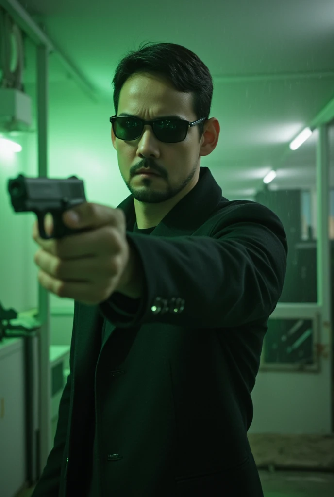 a young man, about 25 years old, in dynamic pose, wearing a The Matrix costume, overcoast, dark glasses, holding 2 pistolas, in action scene, dynamic Angle, handsome man, in a storm, looking FRONTwards, bokeh top cinematic lighting, Green filter. Hyperrealistic, detailed, intricate, 4K, skin Textures, glowing.