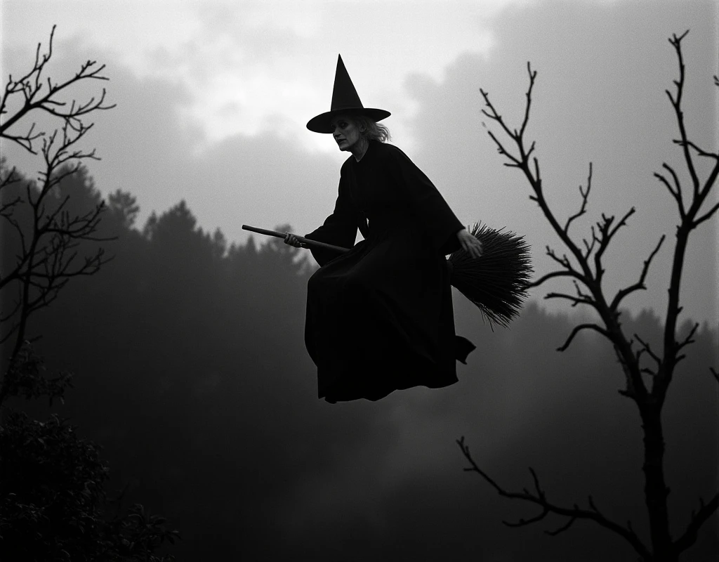 Cinematic shot in Black and white of a 65-year-old woman riding a straw broomstick, flying over a dark forest, long black dress with wide sleeves, wizard's hat, very pale skin, dark makeup, thin fog, dry branches, depth of field, twilight, Canon EOS R5, Ilford hp5 400 plus --ar 5:4 --v 6 --stylize 100 --quality 1 