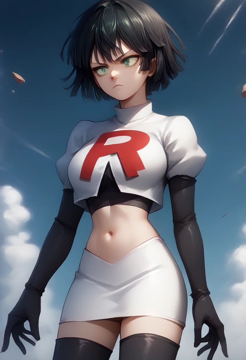 score_9, score_8_up, score_7_up, source_anime, BREAK 1girl, EPopmFubuki, black hair, short hair, green eyes,
  large breasts, jewelry, team rocket,team rocket uniform,white skirt,red letter R,crop top,black thigh-highs,black elbow gloves