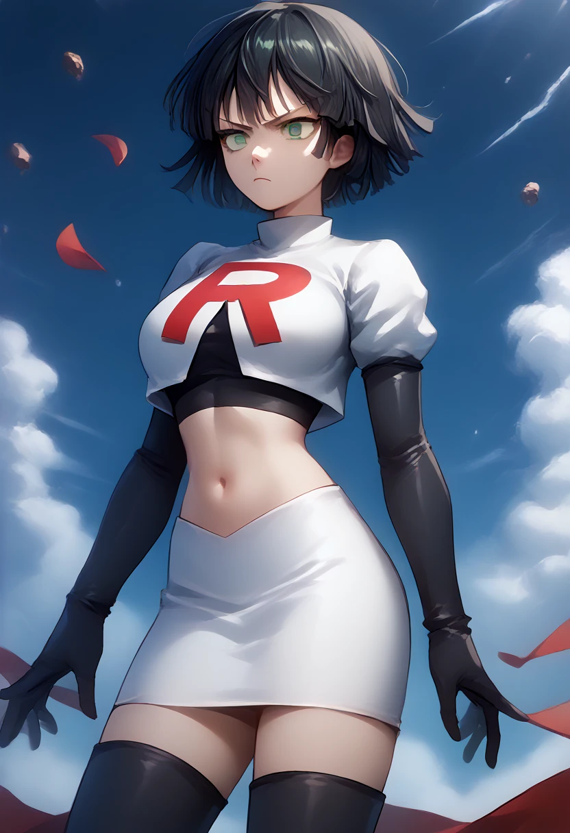 score_9, score_8_up, score_7_up, source_anime, BREAK 1girl, EPopmFubuki, black hair, short hair, green eyes,
  large breasts, jewelry, team rocket,team rocket uniform,white skirt,red letter R,crop top,black thigh-highs,black elbow gloves