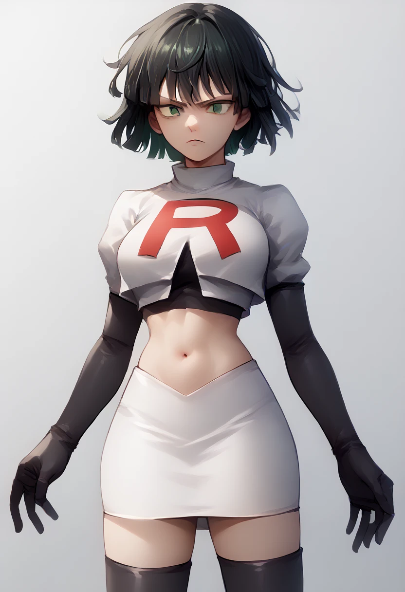 score_9, score_8_up, score_7_up, source_anime, BREAK 1girl, EPopmFubuki, black hair, short hair, green eyes,
  large breasts, jewelry, team rocket,team rocket uniform,white skirt,red letter R,crop top,black thigh-highs,black elbow gloves