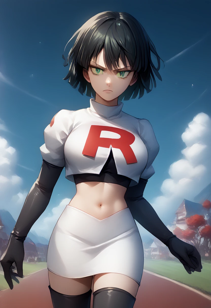 score_9, score_8_up, score_7_up, source_anime, BREAK 1girl, EPopmFubuki, black hair, short hair, green eyes,
  large breasts, jewelry, team rocket,team rocket uniform,white skirt,red letter R,crop top,black thigh-highs,black elbow gloves