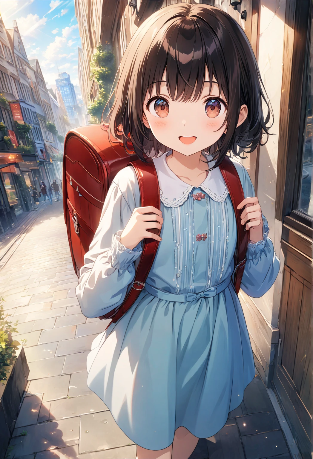  so cute、( more details)、 top quality、8k、 one girl、 dynamic angle、smile、 noise reduction、 high resolution、 more details、 game cg、 Dutch angle 、 beautiful details、 visual art、 five fingers、perfect hand、 walking 、 red backpack、(Very short)、Exterior cityscape 、 aerial camera 