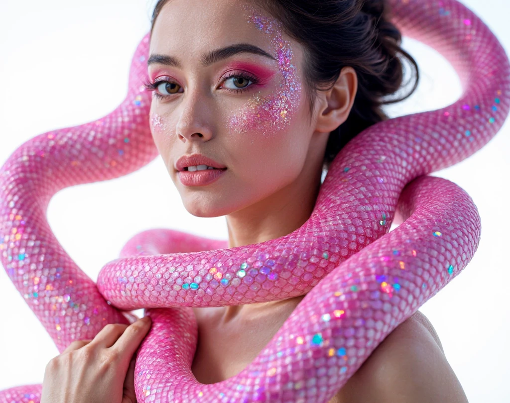 A glamorous and surreal composition featuring an elegant woman with radiant, flawless skin, surrounded by a vibrant pink snake with shimmering, holographic scales that glow in shades of pink, purple, and gold. The snake gracefully coils around her, blending seamlessly with the ethereal aesthetic. Her skin and the snake are adorned with dazzling, iridescent glitter effects that sparkle vividly, creating a magical and otherworldly atmosphere. The scene is illuminated by a mixture of soft and colorful lights, enhancing the reflective, glowing details on both the snake and the glitter. The background is bright white, ensuring the focus remains on the captivating, high-fashion visual. 