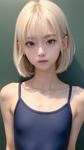 ((sfw:1.5)),((sfw:1.5)),((from above:1.5)),((Upper Body:1.5)) Korean Asian r Photos、((Beautiful and cute idol girl:1.5))、Platinum Blonde Hair、10yo,Naow eyes:1.5、Thin face、Thin neck、((Slim body)),((skinny):1.5),((Flat chest:1.5)),((clavicle)),((Narrow eyes:1.5))、(Thin arms)、(Thin neck)、(Thin lips)、A small smile、Thin arms、(Dark blue school swimsuit:1.5)