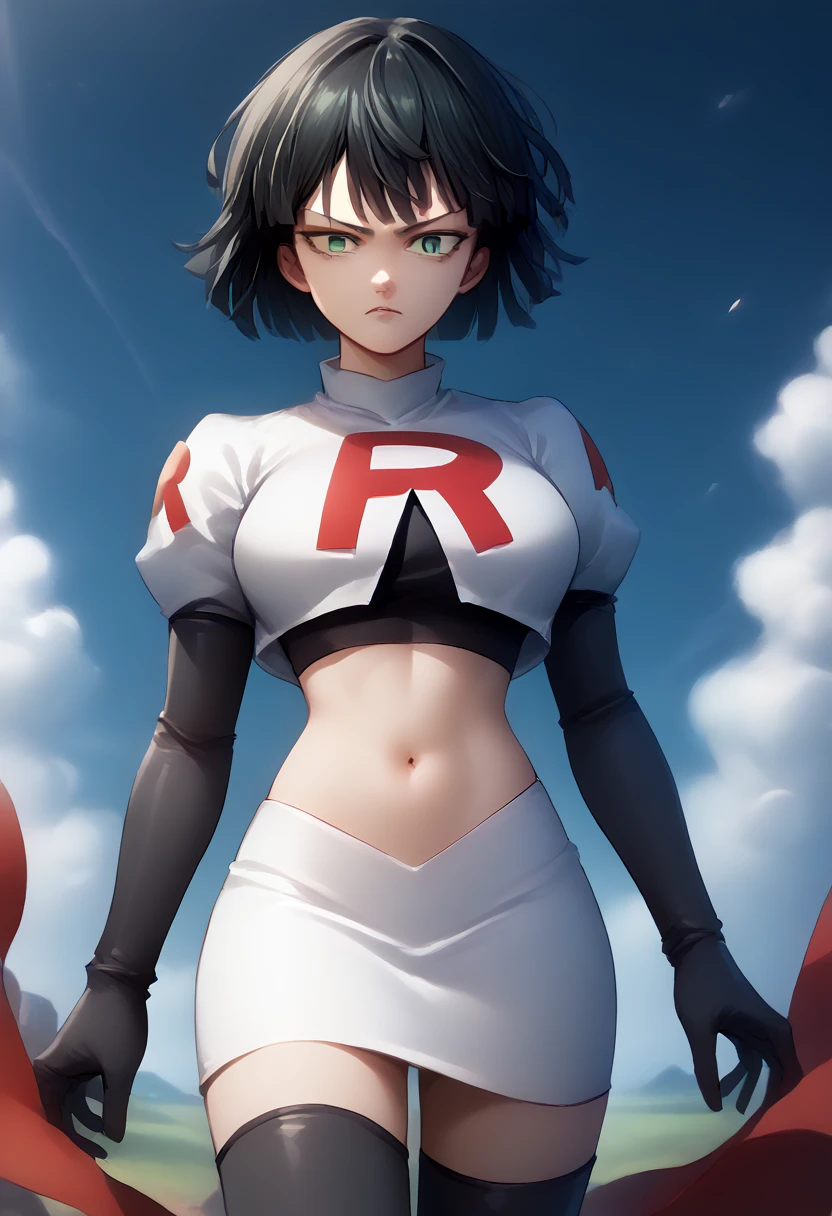 score_9, score_8_up, score_7_up, source_anime, BREAK 1girl, EPopmFubuki, black hair, short hair, green eyes,
  large breasts, jewelry, team rocket,team rocket uniform,white skirt,red letter R,crop top,black thigh-highs,black elbow gloves