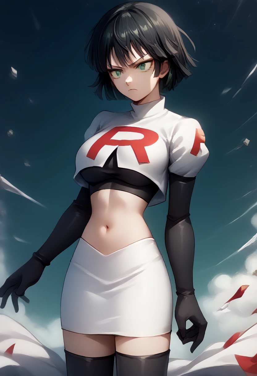 score_9, score_8_up, score_7_up, source_anime, BREAK 1girl, EPopmFubuki, black hair, short hair, green eyes,
  large breasts, jewelry, team rocket,team rocket uniform,white skirt,red letter R,crop top,black thigh-highs,black elbow gloves