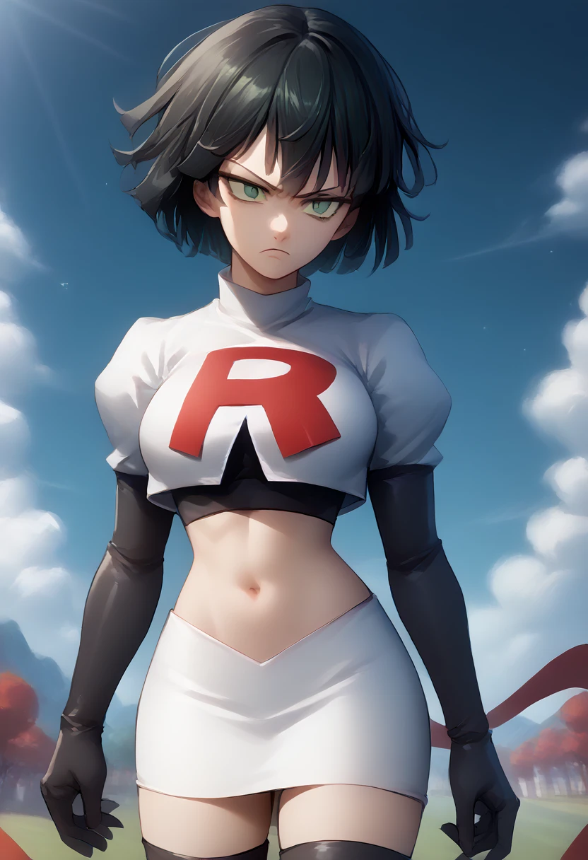 score_9, score_8_up, score_7_up, source_anime, BREAK 1girl, EPopmFubuki, black hair, short hair, green eyes,
  large breasts, jewelry, team rocket,team rocket uniform,white skirt,red letter R,crop top,black thigh-highs,black elbow gloves