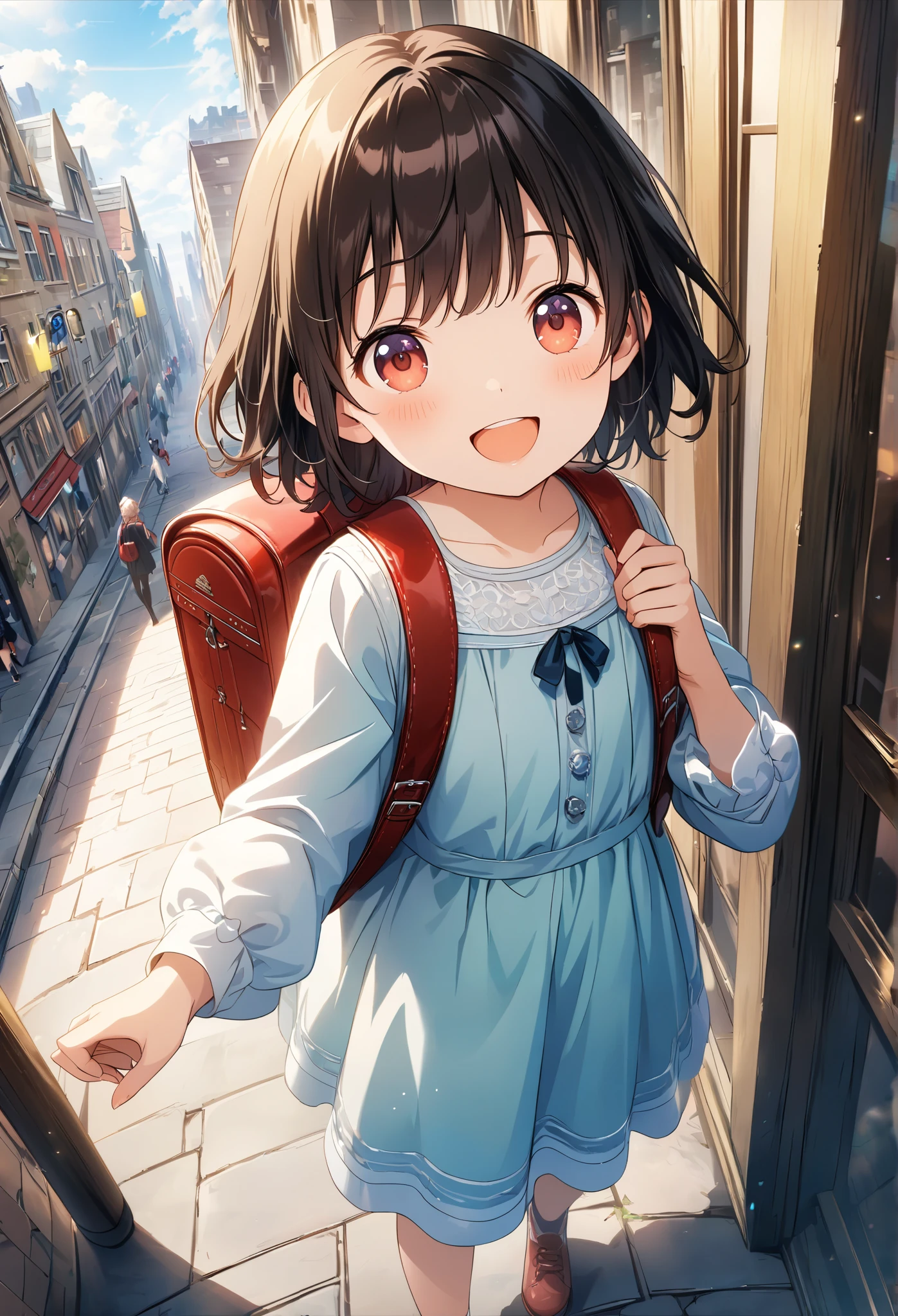  so cute、( more details)、 top quality、8k、 one girl、 dynamic angle、smile、 noise reduction、 high resolution、 more details、 game cg、 Dutch angle 、 beautiful details、 visual art、 five fingers、perfect hand、 walking 、 red backpack、(Very short)、Exterior cityscape 、 aerial camera 