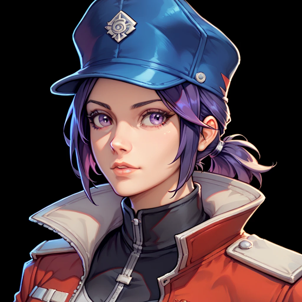 one woman, ChopioMita, (purple eyes:1.2), medium hair, sidelocks, low ponytail, outfit_1, cat hat, cabbit hat, blue headwear, purple hair, (upper body:1.3), (black background, clear background:1.5), (red military jacket:1.2), (studio lights, deep shadows:1.3), (big chest:1.2)