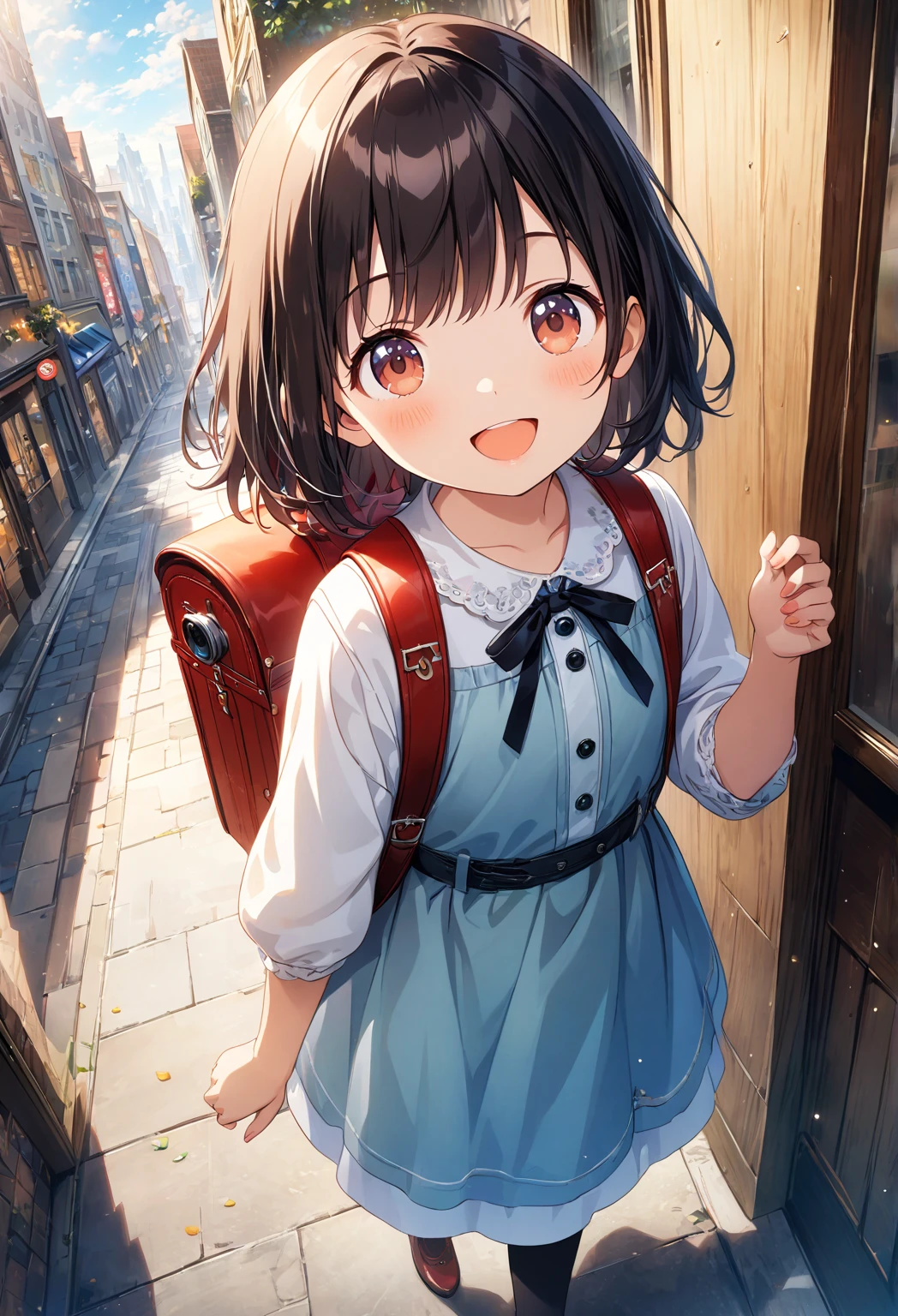  so cute、( more details)、 top quality、8k、 one girl、 dynamic angle、smile、 noise reduction、 high resolution、 more details、 game cg、 Dutch angle 、 beautiful details、 visual art、 five fingers、perfect hand、 walking 、 red backpack、(Very short)、Exterior cityscape 、 aerial camera 