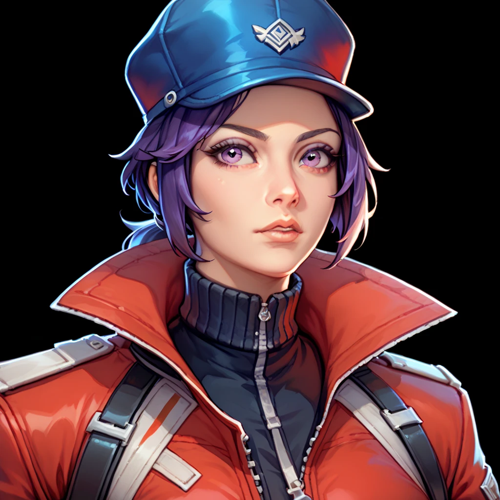 one woman, ChopioMita, (purple eyes:1.2), medium hair, sidelocks, low ponytail, outfit_1, cat hat, cabbit hat, blue headwear, purple hair, (upper body:1.3), (black background, clear background:1.5), (red military jacket:1.2), (studio lights, deep shadows:1.3), (big chest:1.2)