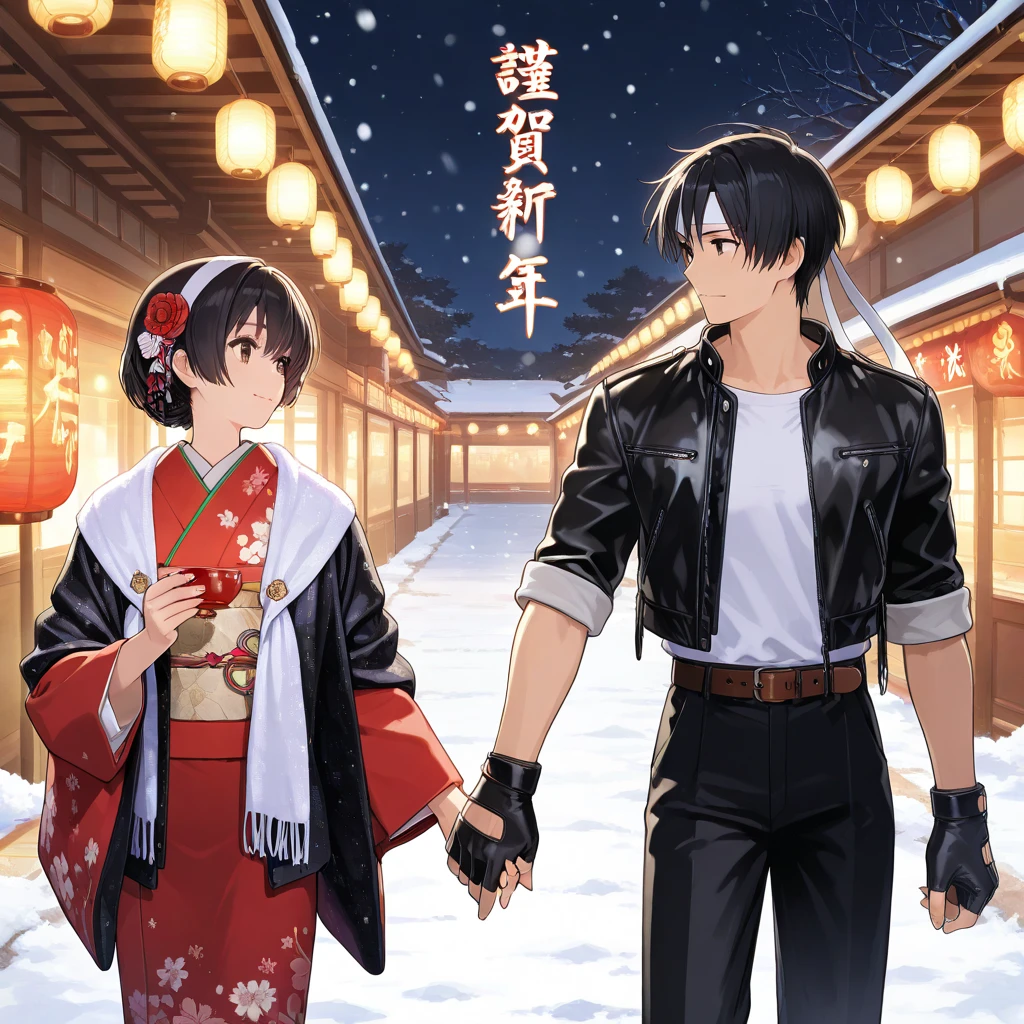 2 couples, girls, holding hands, looking at each other, wishes, black hair, short hair, women, hair ornaments, 2025, kimono, bright pattern, boy wearing (black leather jacket with rolled up sleeves) (white headband), white t-shirt, black fingerless gloves, black slacks brown belt, New Year, snowy road, approach road, girl, above knee, shawl, 2025, embroidery, sweet sake, steam, lanterns, busy approach road, lens effect, fantastic, snow, winter