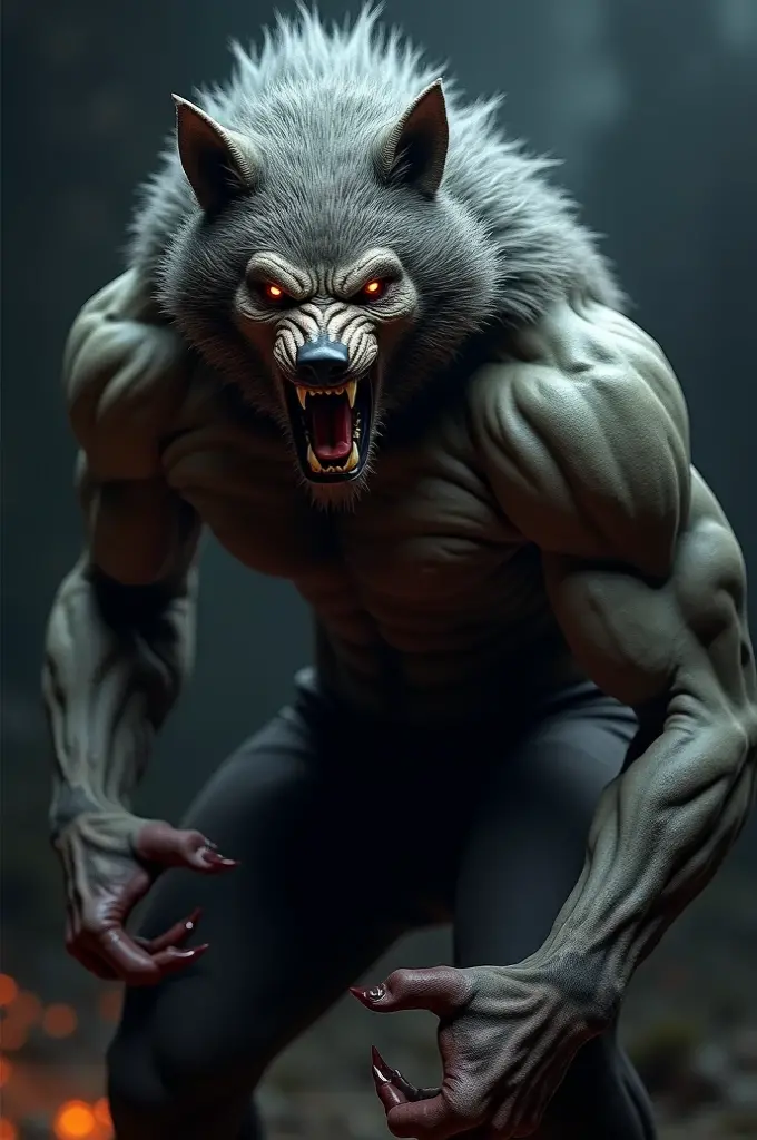 Werewolf facing viewer hips akimbo wearing shiny running shorts fingerless gloves 