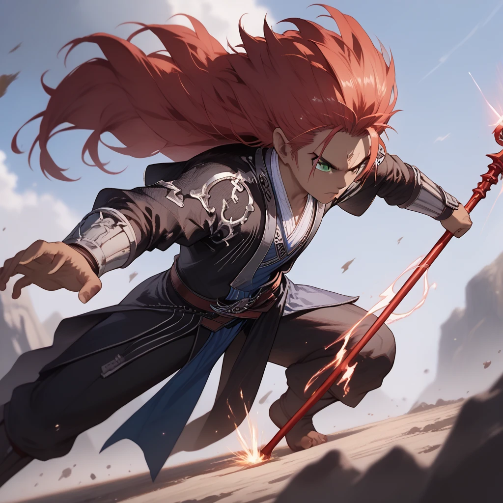 Young Kemono boy with red hair fighting in the middle of a plain,  her clothes are torn and her armor in pieces ,  her expression is fierce and her eyes are serious ,  in his left hand he holds an impressive spear with a long blue fabric that wraps around it,  her other hand is in a claw shape ,  her red hair wobbles in the wind ,  dark skin under the red fur , deep green eyes , iris feral, Lubin ears ,  body hair , Alone,  Battlefield,  magic and shadows in the background .