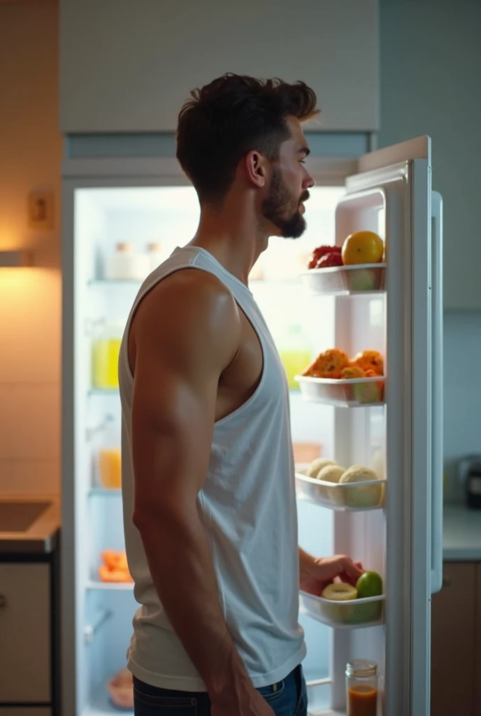 fat asian guy in the gym, eating keto food, he saw the mirror, in the mirror he saw slim and healthy guy, keto food, detox juice, the food is in the brown paper box