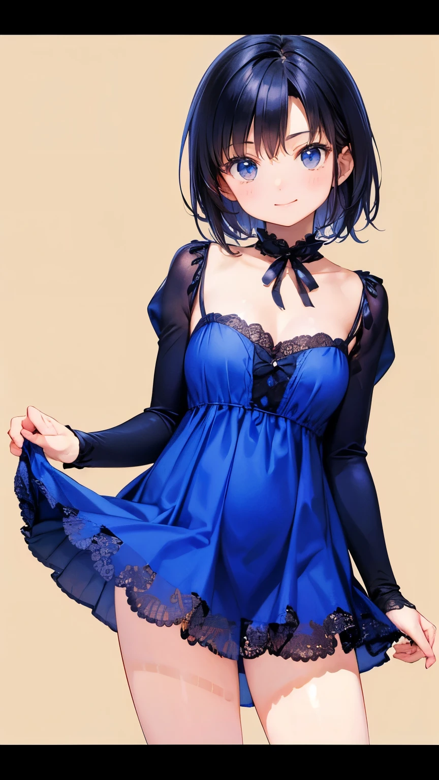 (masterpiece, top quality, Official Art:1.2), one woman, Plain background , Ultra-detailed illustrations, highly Details, dynamic angle, beautiful Details, 8k, ( top quality, masterpiece, nothing , Details), anime style , ( beautiful detail, 美しい唇の Details, 非常に Detailsな目と顔), Smooth brushstrokes , black hair, dynamic angles , (( vintage , Plain background ), in a nice dress 、Mischievous face