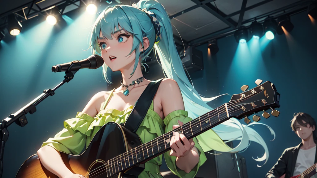 A masterpiece of a young woman, showcasing her unique style and musical talents. Outside on a beach stage, she stands confidently with one leg slightly raised, her electric guitar slung over her shoulder. Her striking features include piercing blue eyes, a twintail adorned with teal hair extensions, two piece black bikini that accentuates her toned physique, while headphones wrap around her neck, a symbol of her passion for music. As she plays the guitar, her long hair cascades down her back, a mesmerizing sight as she sings with conviction, smiling, upper body, 