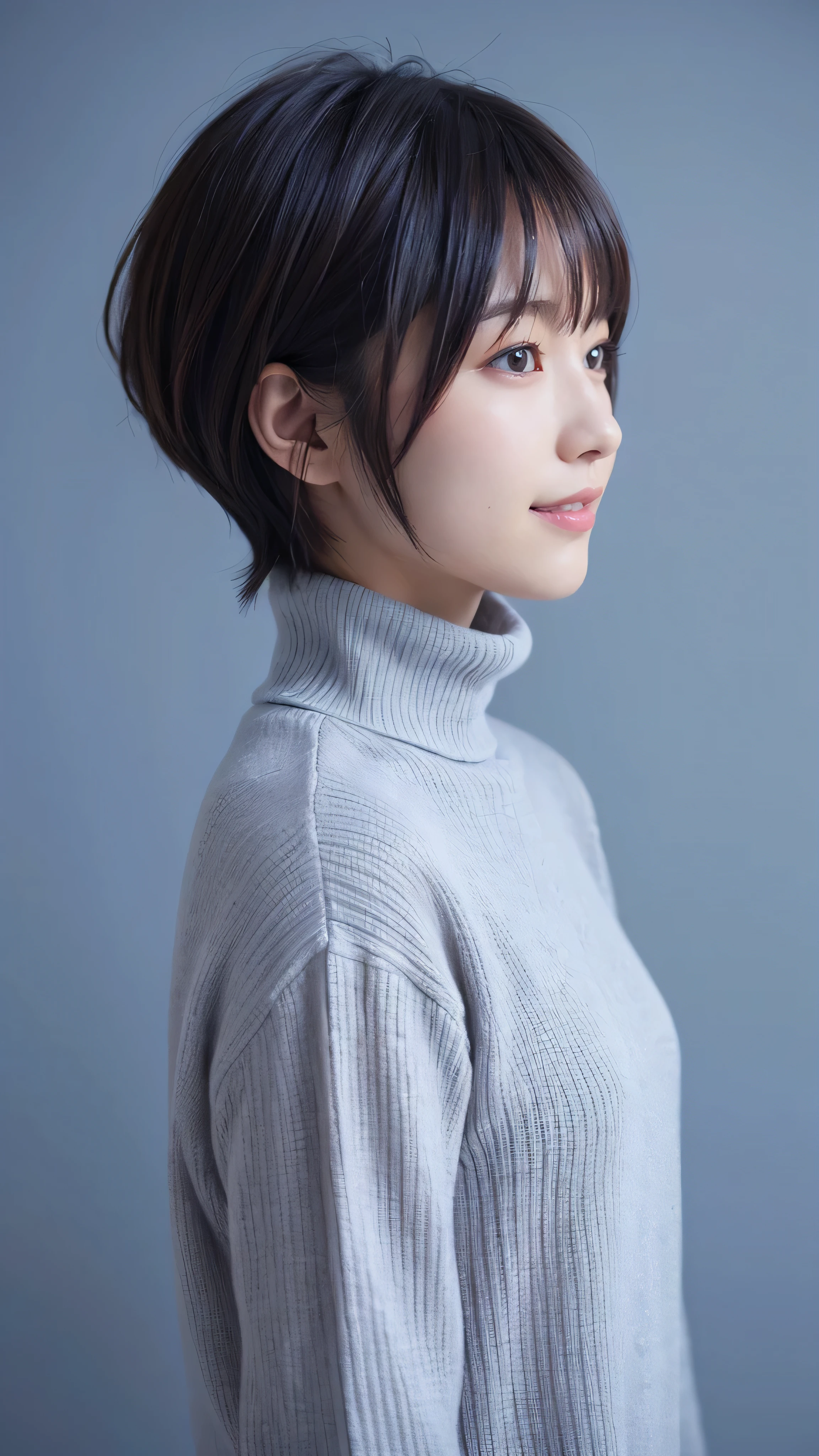  realistic、masterpiece、 top quality、 highest image quality taken by Ki、8k、 RAW photos 、 movie lighting、Very cute one、 shorthair 、 to reduce hair volume、 blue background、 upper body、 Yan Photo、profile、 eyes focus、 Turtleneck Sweater、Laughter、Hunsan、The depth of the written world、Wide Light、 high contrast、Shine、 Color Difference、 sharp focus 、Raw color photography