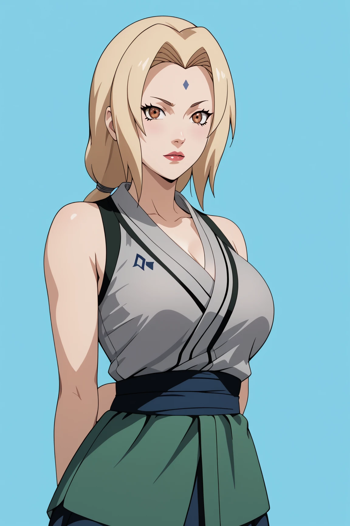  masterpiece,  style,4k , ultra 2D graphic ,animated ,Alone,1 girl , stand up ,Tsunade,facial beauty, big breasts ,gray kimono, sleeveless,Wad of bills,blue slimfit panta , body objectives , slim body, models fitted to the body , straddle ,feel, arms behind the back, looking at the spectators,In front you can see , plain white background 