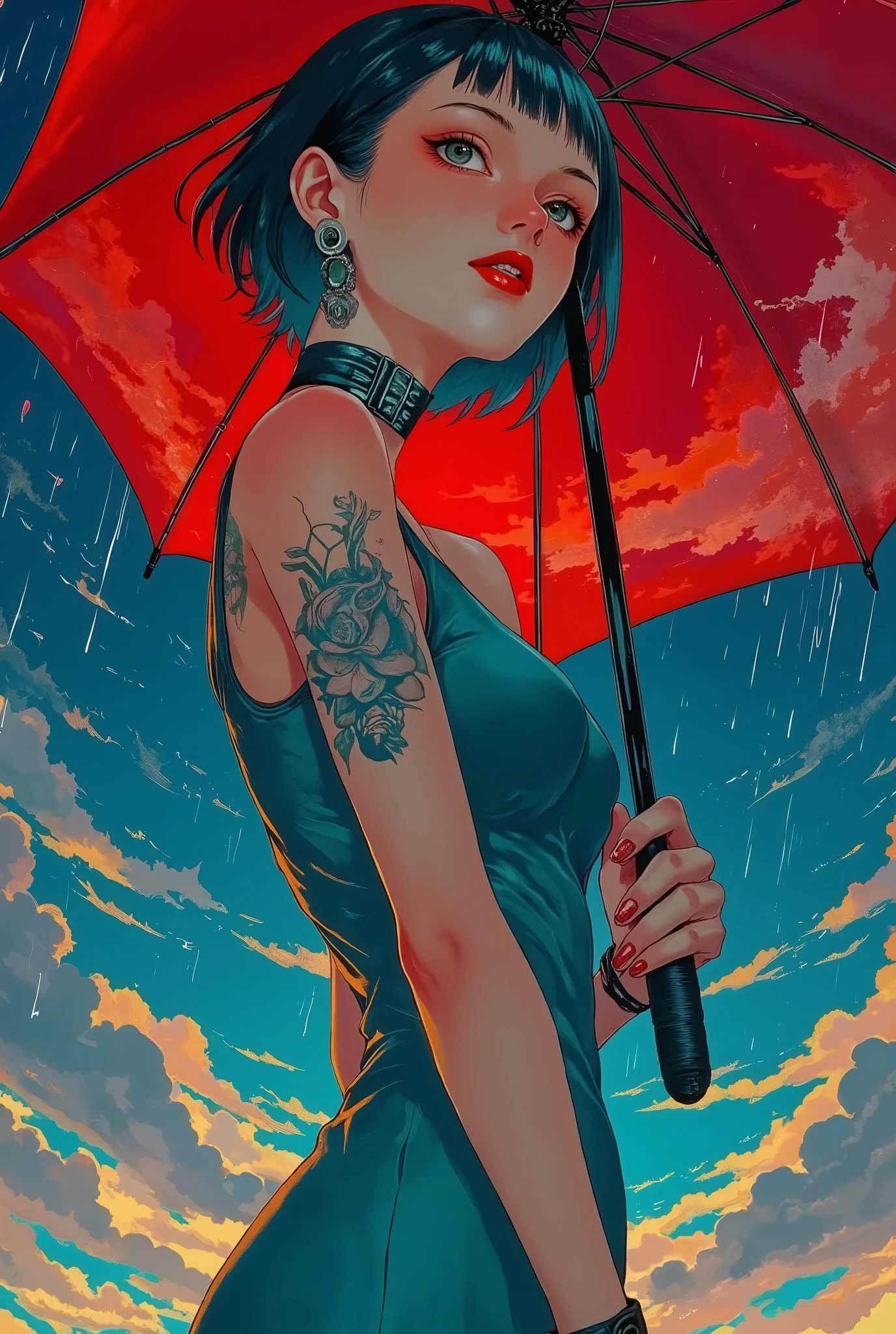 anatomically correct left arm 、no tattoo、 beautiful hands、 short haired masculine girl, black hair, detailed eyes, nose, lips and, light blue dress ,Red Umbrella , look back, rain( Top Quality ,4K,8k, high resolution,masterpiece:1.2), super detailed ,( realistic,photo realistic,photo- realistic:1.37), high resolution, Studio Lighting , very detailed face and body , Portrait, cinematic lighting ,Dramatic lighting,Warm tones,Dramatic Colors, illustration, Dark Color, stylish anime ,