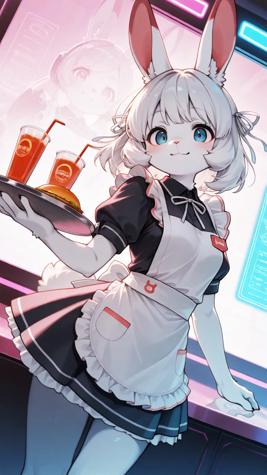 1girl,\((anthropomorphic rabbit, furry, kemono:1.3),(fluffy fur at body), Virtual waitress, hologram waitress, white ribbon, apron, Attractive smile,cute smile, greeting viewer, holding tray, cheerful, cyborg style, cyborg, android,cute pose,dynamic pose,(dynamic action:1.4)\), background\(fast food restaurant\(cute, futuristic design, neon lights, digital menu, pink, blue, white, glass reflection, metal reflection, advanced technology\).(dynamic angle:1.3),dutch angle, masterpiece, best quality