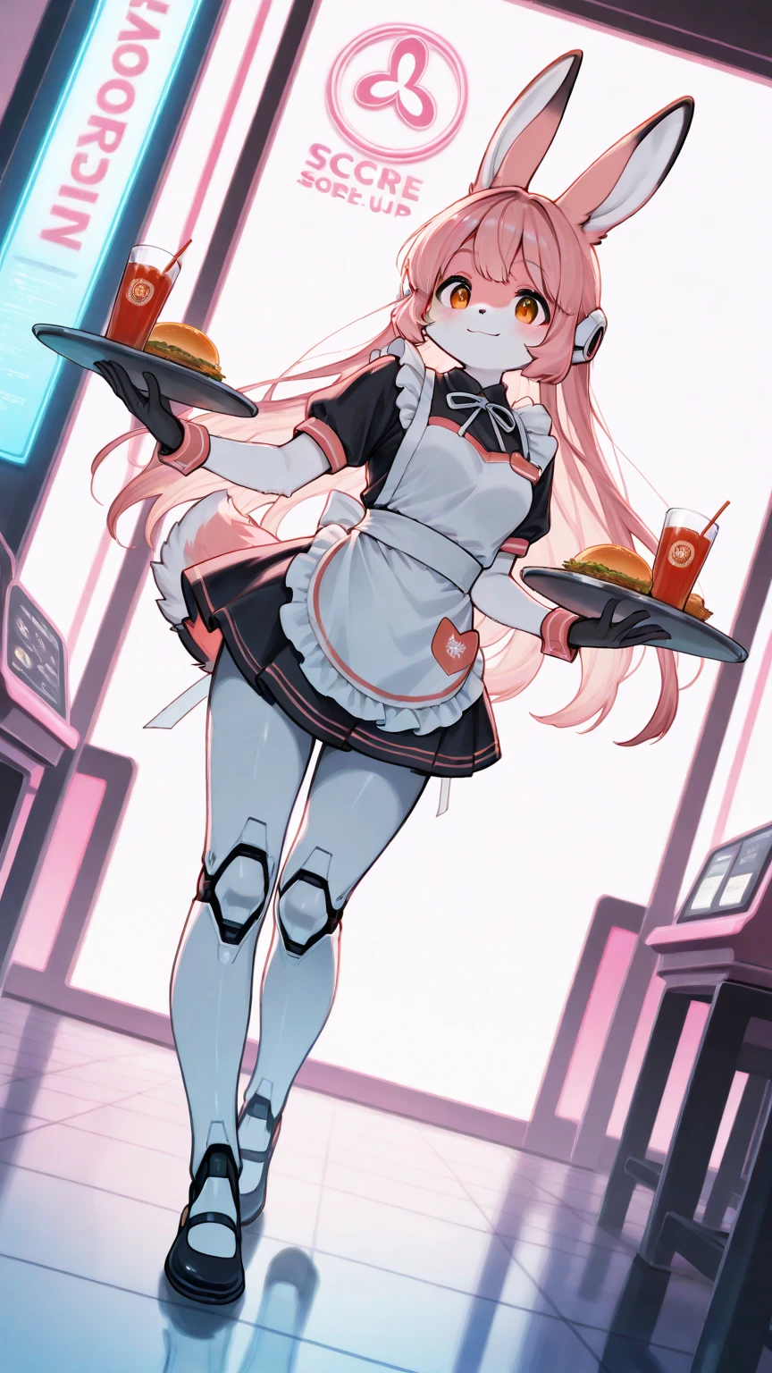 1girl,\((anthropomorphic rabbit, furry, kemono:1.3),(fluffy fur at body), Virtual waitress, hologram waitress, white ribbon, apron, Attractive smile,cute smile, greeting viewer, holding tray, cheerful, cyborg style, cyborg, android,cute pose,dynamic pose,(dynamic action:1.4)\), background\(fast food restaurant\(cute, futuristic design, neon lights, digital menu, pink, blue, white, glass reflection, metal reflection, advanced technology\).(dynamic angle:1.3),dutch angle, masterpiece, best quality