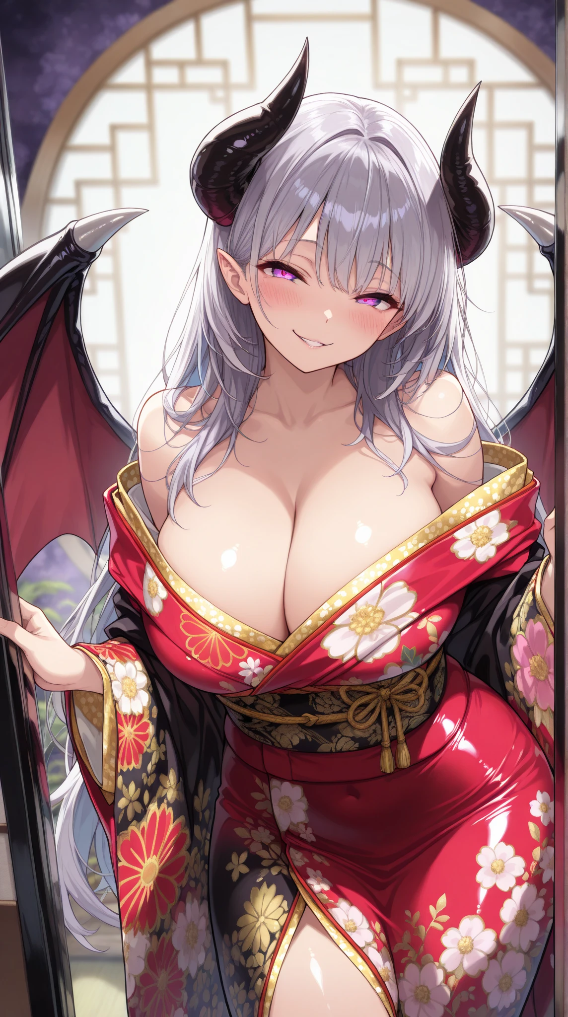 1 mature woman,(masterpiece, top quality, very detailed depiction, Incredibly Absurd High Resolution ,),(Devil horns,Devil&#39;s Wings:1.3),(Succubus wearing kimono , evil , Beautifully Detailed Brightly Colored Kimono ,Highly detailed embroidery, very shiny wrinkled clothes ,High quality skin,Reflective fabric),( long silvery hair ,魅力的な Perfect Female Proportions , enchanting smile, cleavage in years, Perfect Female Proportions , curvy , Girls with Extremely Beautiful and Detailed Faces ,face focus,( evil な笑顔, Sadistic , erotic,Seductive eyes:1.3, purple eyes),( provocative,Enchanted, fascinated , excited, naughty face :1.2),blush, Super beautiful detailed backgrounds ,Sexy cutout, break 「 Happy New Year」 in a shiny latex dress {x}:1.5,「 Happy New Year」Character:1.5