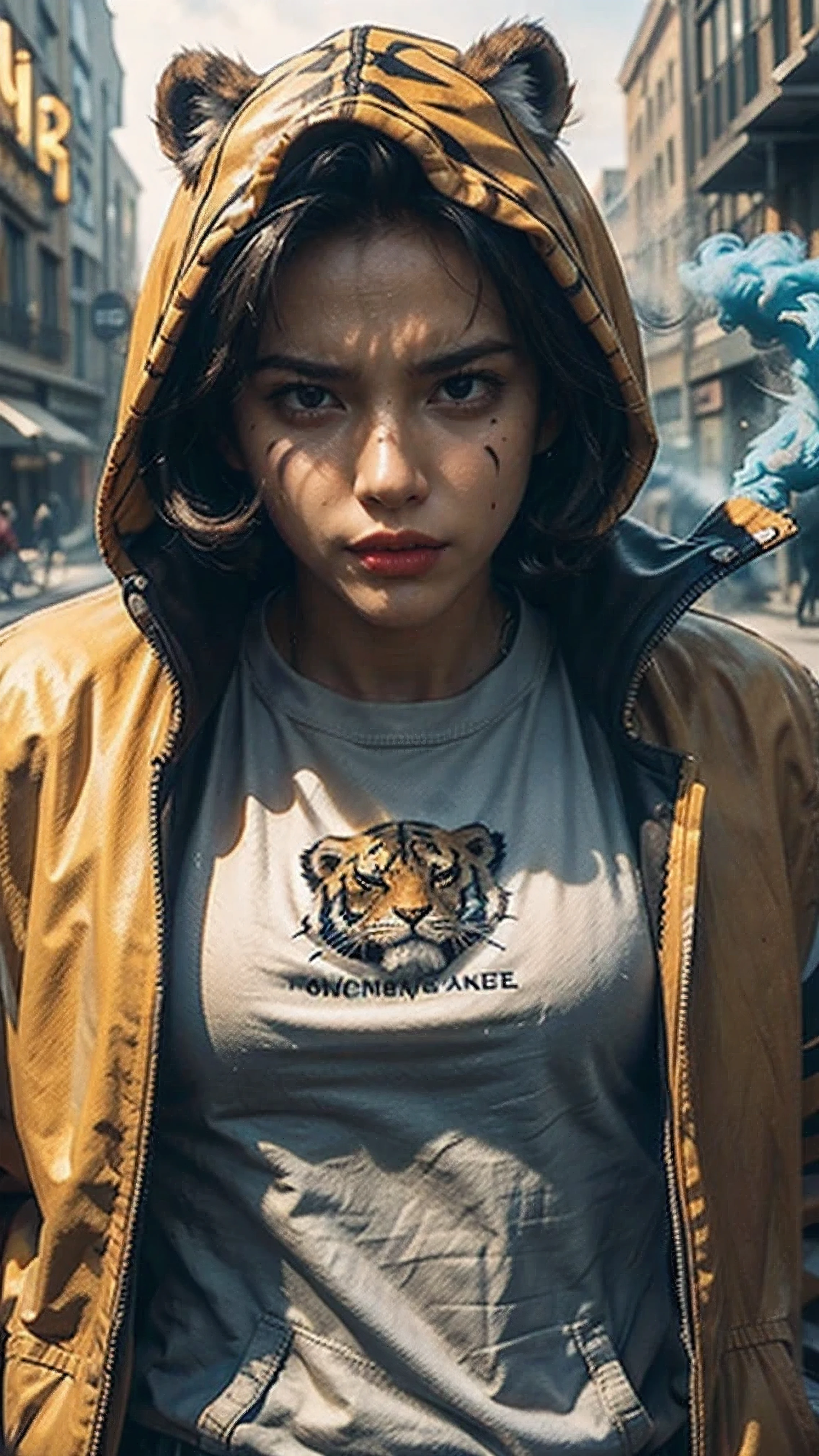 Angry Cartoon tiger with black and yellow jacket playing soccer in cyberpunk city street, dramatic effect, smoke effect, style raw, vintage color grading, Super 8mm lense, Extreme close-up, Deep Focus cinematography effect, high quality, ultra detail, 8k